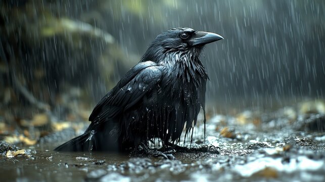 A wet black crow sits in a muddy puddle during a heavy rainstorm. The rain creates a dramatic atmosphere, highlighting the bird's sleek, dark