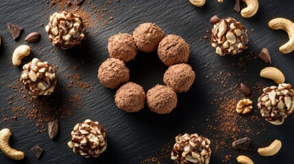 Fototapeta premium Healthy raw Nut balls with protein powder and cocoa. Geometry, flat lay, contrast shadows