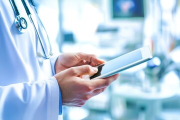Doctor Using Tablet Device in Modern Medical Environment for Patient Care and Health Management with Futuristic Technology Background