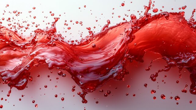 In slow-motion, a rich burgundy red wine droplet impacts a surface, forming an elegant circular splash crown, vividly contrasting against the white backdrop