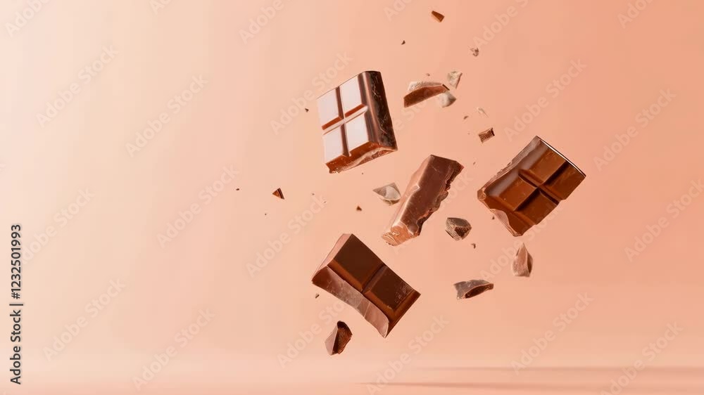 Aufkleber Pieces of a milk chocolate bar are exploding and levitating on a light brown background, creating a visually appealing and dynamic composition
