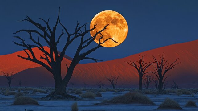 Dry trees stand out against the full moon in the Sossusvlei region of Namibia's Namib desert.