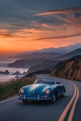 Classic car coastal drive sunset ocean view.  Travel photography