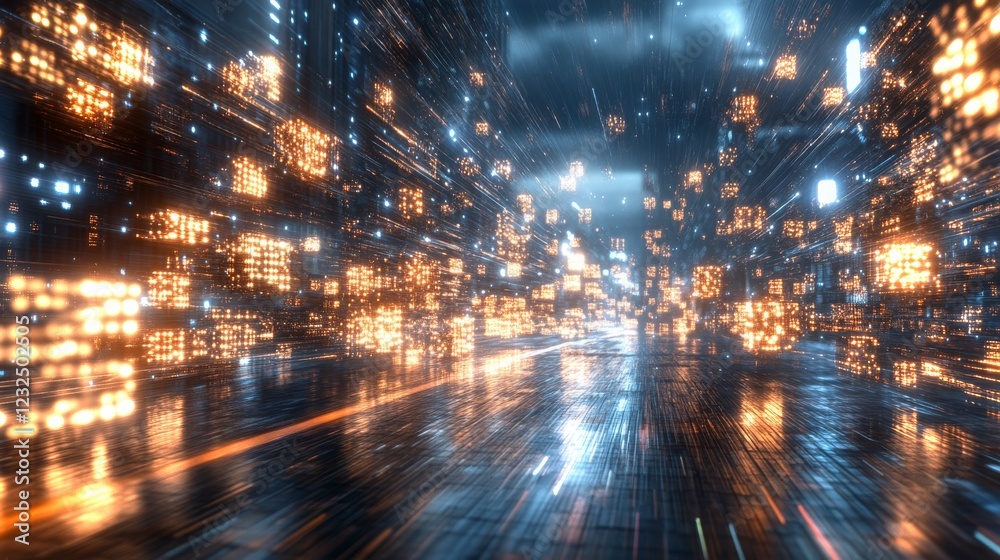 Poster dynamic abstract background with glowing particles and reflections in 4k resolution