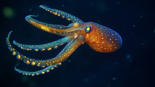 In the deep ocean darkness, a glowing squid called the Sharpear Enope floats. Its arms reach out like tree branches, creating a fascinating sight.