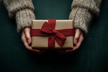 A hand showcasing a wrapped gift against a solid backdrop, perfect for holiday or special occasion advertisements