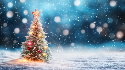 Obraz premium Mini Christmas tree with lights on a snowy backdrop brings warmth to holiday decorations.