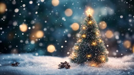 Obraz premium Mini Christmas tree with lights on a snowy backdrop brings warmth to holiday decorations.