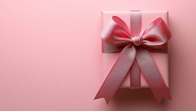 On a soft pink background, a red satin ribbon is tied in an elegant bow, representing love, romance, and celebration, ideal for Valentine's Day themes, gift wrapping, and special occasions