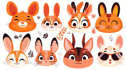 Fototapeta premium Cute cartoon bunny and deer faces; spring background; kids' book illustration