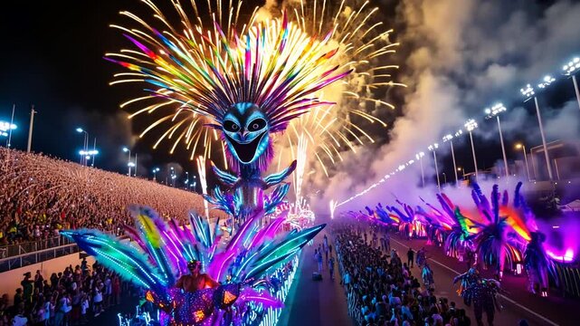 A breathtaking aerial view capturing the vibrant energy of Rio de Janeiro's Carnival at night.