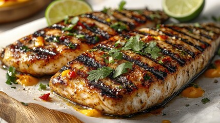 Grilled fish fillets garnished with herbs and lime, served on a wooden board with sauce