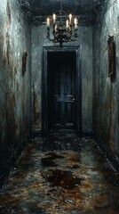 Obraz premium Dark hallway, old house, water damage, chandelier, mystery