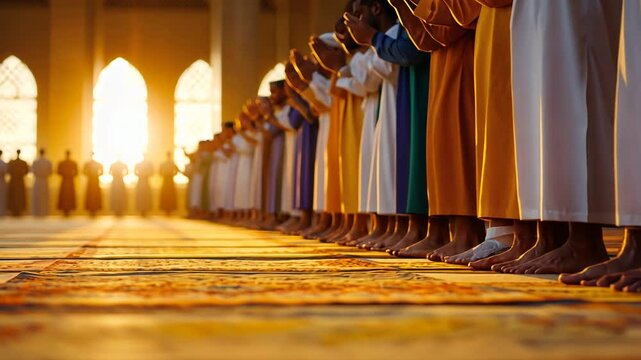 A serene scene of worshippers engaged in Taraweeh prayers at a mosque.