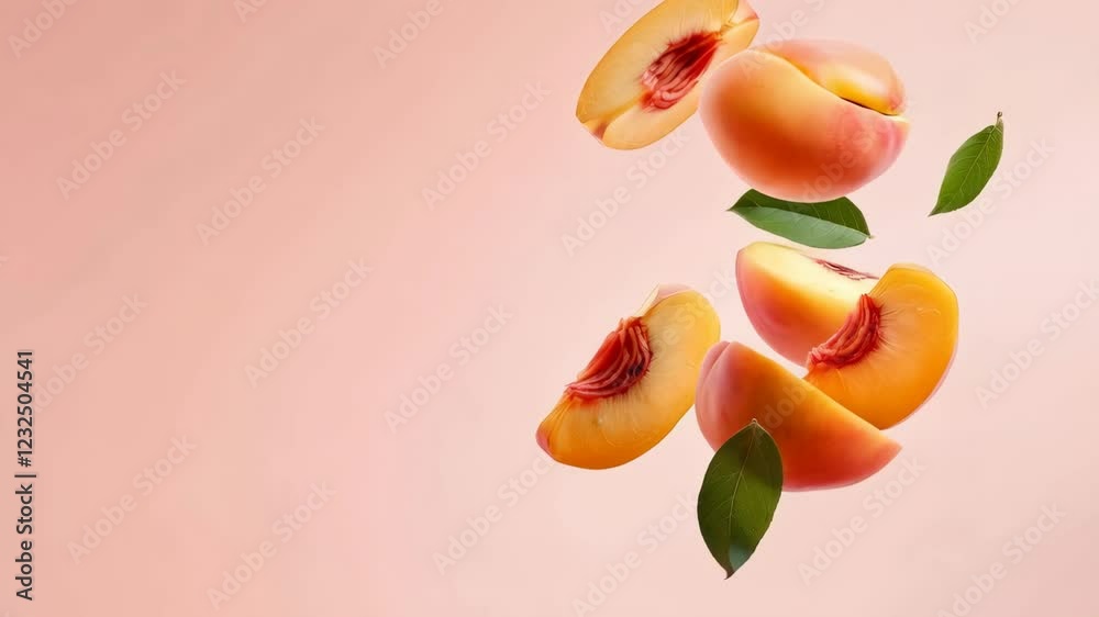 Poster fresh, juicy peach slices and a whole peach with leaves are suspended in mid air against a vibrant p