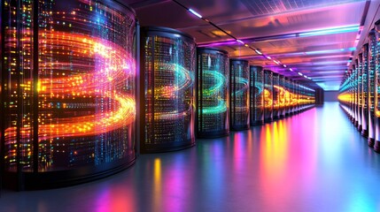 Highlighting vibrant data servers in a futuristic digital environment