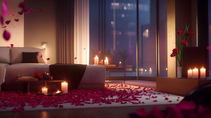 Romantic Apartment Interior with Rose Petals and Candles