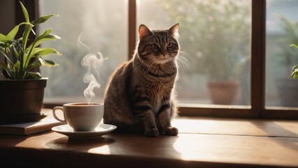 Cozy Cat Sitting Beside Steaming Coffee on Wooden Table