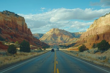 An natural American landscape extending to the horizon with an asphalt road