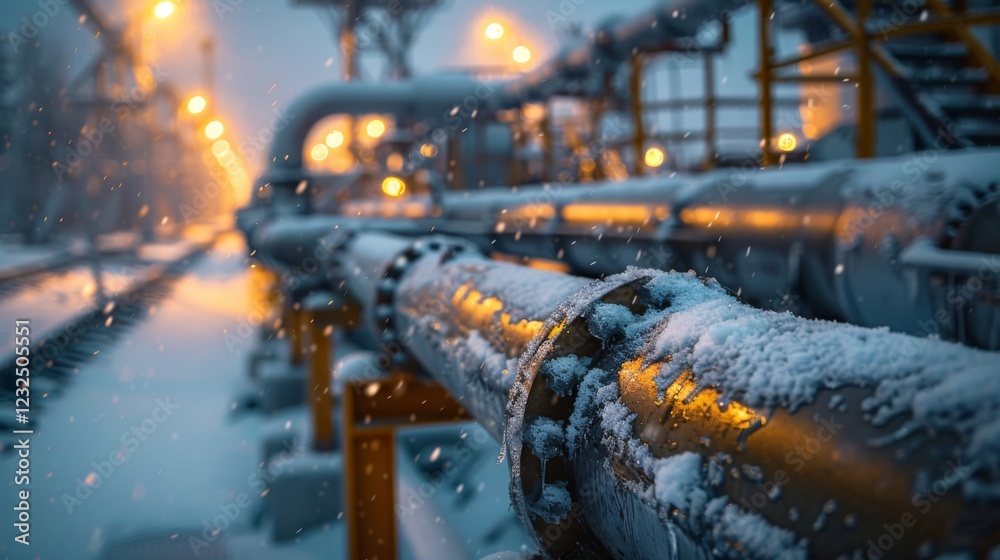 Poster industrial pipelines are blanketed in snow under evening lights, showcasing the contrast between the