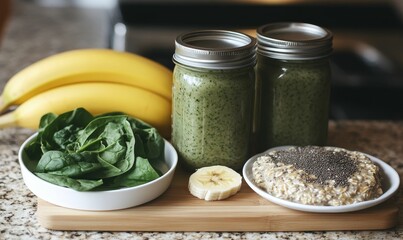 Green smoothies, bananas, spinach, and oatmeal with seeds.