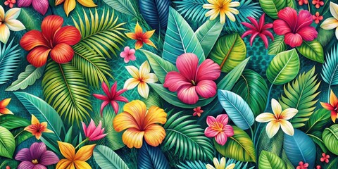 Bright colorful tropical seamless background with leaves and flowers , texture , botanical,  texture , botanical