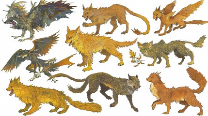 Naklejka premium Fantasy Fox Creatures, Watercolor Sketches, Mythical Animals