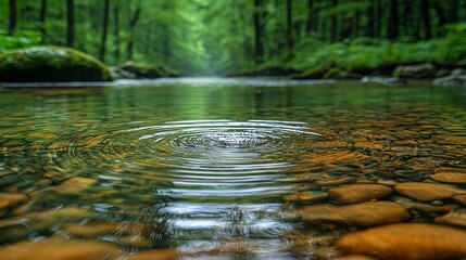 Fototapeta premium Nature in focus with a close-up of a serene forest, highlighted by the tranquil motion of a rippling stream