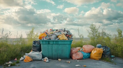 A garbage bin overflowing with trash, with bags stacked beside it, waiting to be taken out.