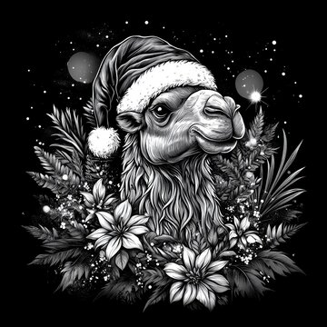 Festive camel wearing a Santa hat and flowers.