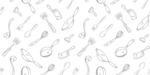 Kitchen utensils seamless pattern background. kitchen set seamless pattern background. hand drawn doodle of kitchen set pattern background. Doodle illustrations of cooking utensils.