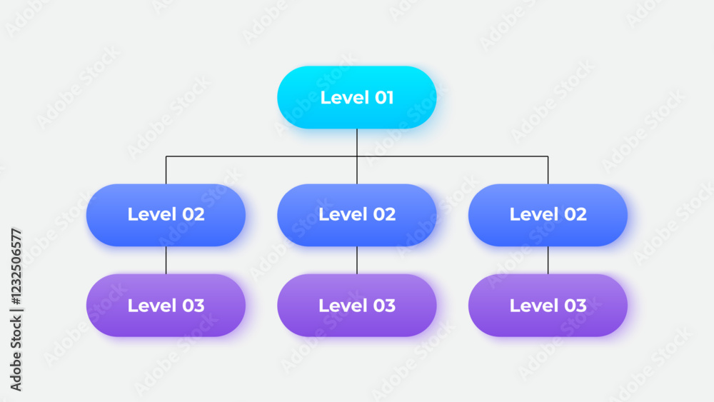 Poster Vertical business organizational chart infographic with three hierarchical levels. The top-level connects to 6 subordinate nodes