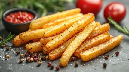 Crispy golden fries served with ketchup and fresh tomatoes on a rustic table setting