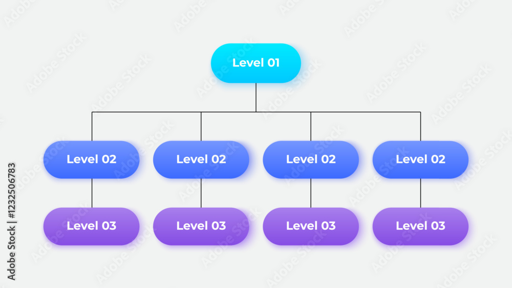 Poster Vertical business organizational chart infographic with three hierarchical levels. The top-level connects to 8 subordinate nodes