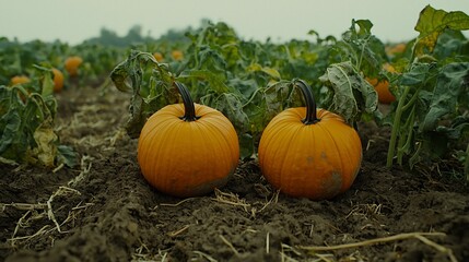 Two ripe pumpkins growing in a field surrounded by green leaves under a cloudy sky