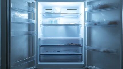 An empty refrigerator with expired food and spills on the shelves, ready for a deep clean and restocking.