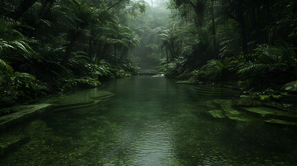 Obraz premium Tranquil jungle stream, misty rainforest, calm water, lush vegetation, nature background