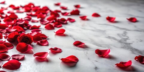 Softly falling red rose petals scattered on a white marble floor, gentle fall, classic,  gentle fall