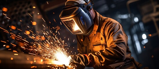 Skilled worker welding in a workshop, sparks flying, with machinery in the background