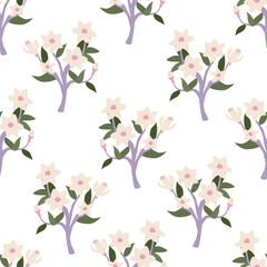 Seamless pattern with magnolia flower branches. Floral vector flat background. Elegant botanical backdrop for textile design, scrapbooking, wrapping paper, etc.