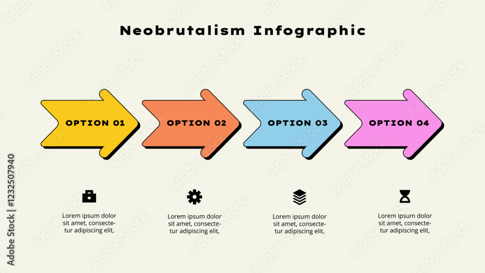 Leinwandbilder infographic neobrutalism arrow designs, depicting four distinctive options with minimalist icons and