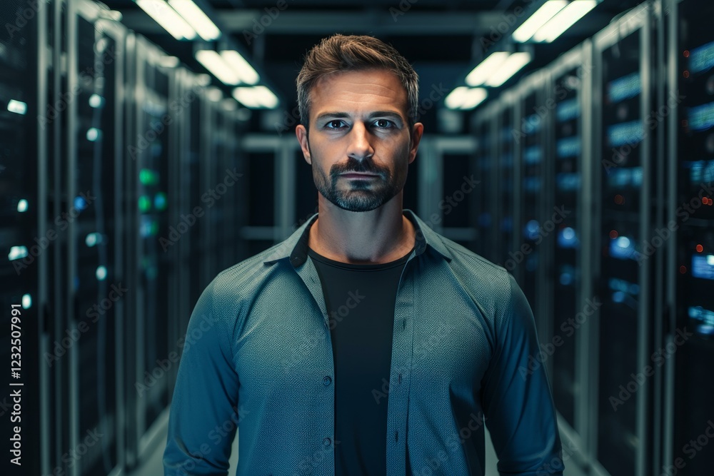 Poster it engineer working in modern data center, controlling and managing computer servers