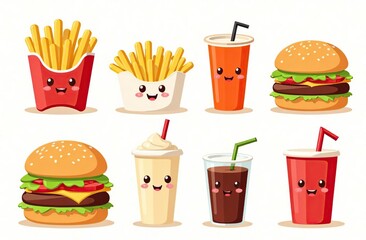 Colorful set of fast food cartoon characters - cute animated food and drinks with happy faces including burgers, fries and drinks