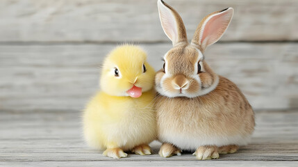 Cute chick and bunny on wood, Easter card