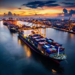 Naklejka premium Container Ship Docked at Port During Beautiful Sunset Over Water