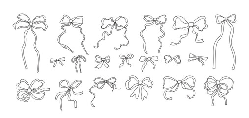 
A set of hand-drawn bow doodles in black outline, ideal for girl hair accessories, fashion details, or festive decorations for holidays, gift wrapping, birthdays, Christmas, and New Year designs.