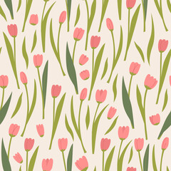 Obraz premium Seamless pattern with pink tulips and leaves. Floral spring vector flat background. Elegant botanical illustration backdrop for textile design, scrapbooking, wrapping paper