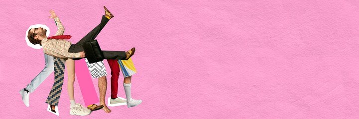 Banner. Surreal artwork. Man in business attire dynamically positioned with multiple legs in motion...