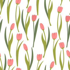 Obraz premium Seamless pattern with pink tulips. Floral spring vector flat background. Elegant botanical illustration backdrop for textile design, scrapbooking, wrapping paper