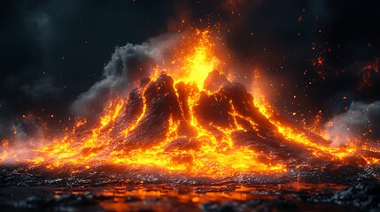 Naklejka premium Fiery volcano erupting, dark sky, VFX, game asset